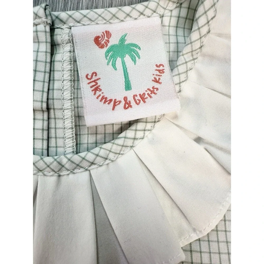 Shrimp & Grits Christmas Embroidered Green White Gingham Dress‎ Toddler Girl JOY